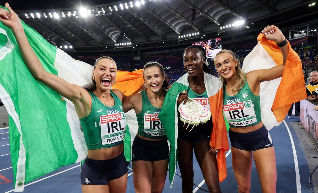 Ireland's Sophie Becker, Phil Healy, Rhasidat Adeleke and Sharlene Mawdsley celebrate winning silver at the Stadio Olimpico on Wednesday. Photograph: Morgan Treacy/Inpho