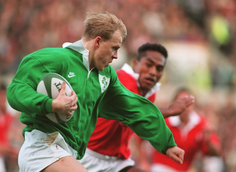 Simon Geoghegan in action for Ireland in 1994. He's one of many respected former Irish internationals who never won a Six Nations title. Photograph: Davd Rogers/Allsport