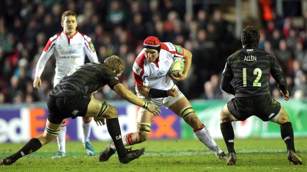Jamie Gibson of Leicester Tigers (left) lines up Ulster captain Johann Muller for a hit during their Heineken Cup Pool Five showdown at Welford Road in Leicester. Photograph: Andrew Fosker/Inpho/Presseye