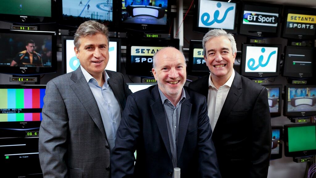 Announcing Eir’s purchase of Setanta: Jon Florsheim, Eir Consumer, Michael O’Rourke, Setanta chief executive, and Richard Moat, chief executive, Eir. Photograph: Maxwells