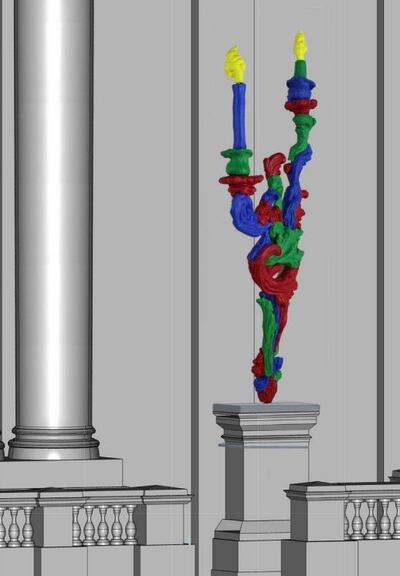 An illustration of the sculpture by Alan Phelan called RGB Sconce planned for the granite plinth on Dame Street, Dublin.