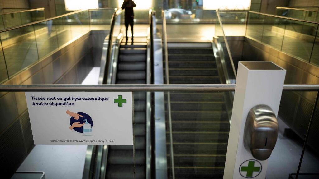 A hydroalcoholic gel distributor is pictured in a metro station, on May 15th in Toulouse, France as France. Photograph: Lionel Bonaventure/AFP via Getty