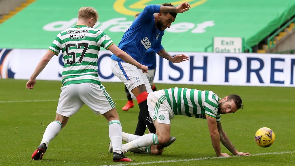 Connor Goldson bundles home Rangers’ second against Celtic. Photograph: Ian MacNicol/Getty