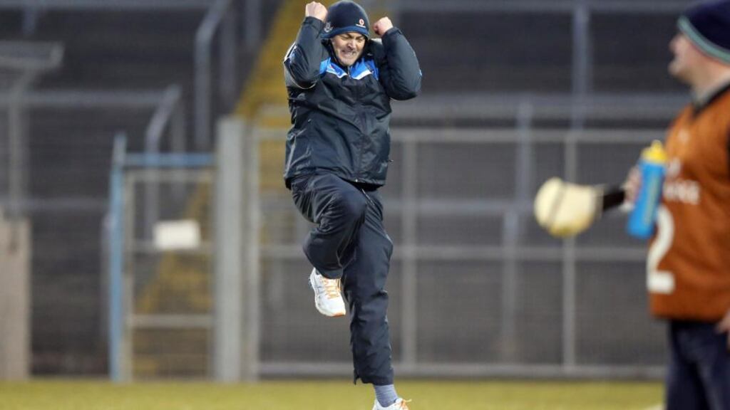 Dublin manager Anthony Daly celebrates at the final whistle after his side’s victory over Limerick in the Allianz Hurling League Division 1B Final at Semple Stadium. Photograph: Donall Farmer/Inpho
