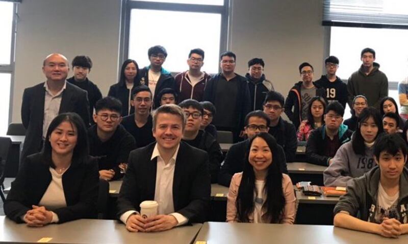 UCD Smurfit School Professor Andreas Hoepner speaks to students from the Hong Kong Polytechnic University during the EU Finance Outreach Tour on Sustainable Finance.