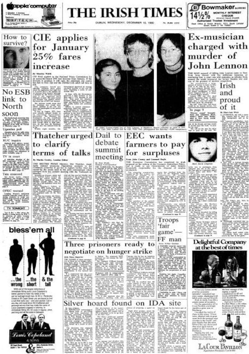 John Lennon’s death: the front page of The Irish Times of December 10th, 1980