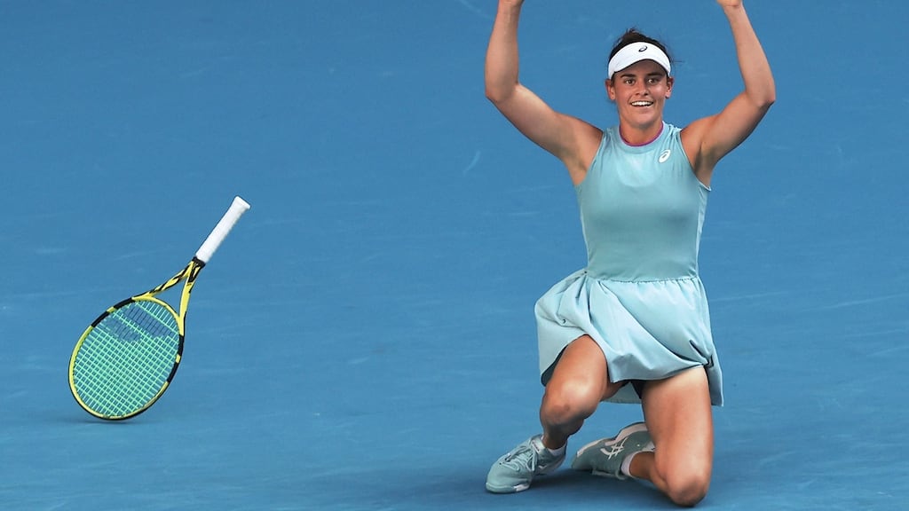 Jennifer Brady celebrates after beating Karolina Muchova in their women’s singles semi-final match. Photograph: Brandon Malone/Getty/AFP