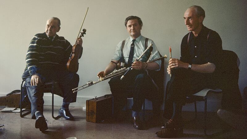 Michael Gorman, Felix Doran and Packie Byrne in a traditional Irish session at the Keele Folk Festival. Photograph: Brian Shuel/Redferns