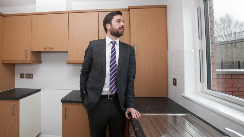 Minister for Housing Eoghan Murphy TD during an inspection of 29 new rapid-build social housing units at Knocknarea Court, Drimnagh on Wednesday. Photograph: Gareth Chaney Collins 20/12/2017 Minister for Housing, Planning and Local Government Eoghan Murphy TD during an inspection by the Minister of 29 new rapid-build social housing units at Knocknarea Court, Drimnagh. The 29 units comprise 14 three bed and 15 four bed homes. The houses were built by Dublin City Council and Sophia has been tasked with maintaining the development and supporting residents. Photo: Gareth Chaney Collins