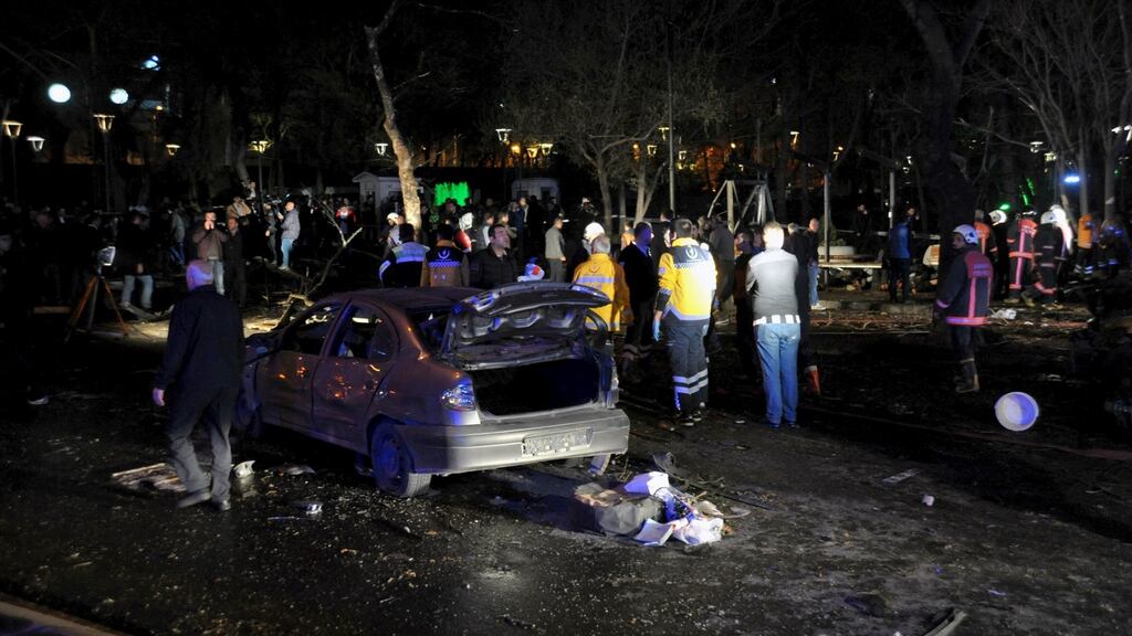 Emergency workers work at the  site of an explosion in Ankara, Turkey. Photograph: Stringer/Reuters
