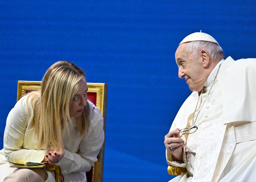 Italy's prime minister Giorgia Meloni and Pope Francis during the  General States of Birth conference in Rome. Photograph: Filippo Monteforte/AFP via Getty Images