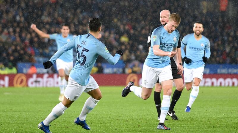 Manchester City’s Kevin De Bruyne celebrates scoring in the Carabao Cup quarter-final against Leicester City at the King Power Stadium. Photograph: Joe Giddens/PA Wire