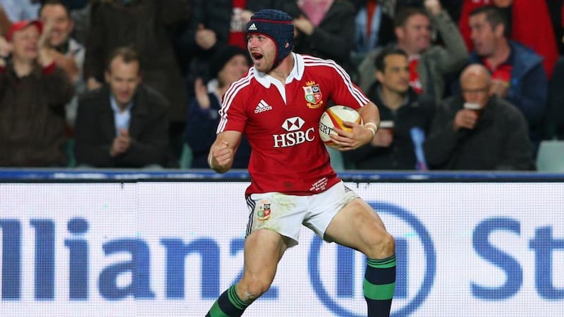 Leigh Halfpenny of the Lions celebrates scoring a try against the Waratahs at Allianz Stadium in Sydney, Australia. Photograph: Cameron Spencer/Getty Images