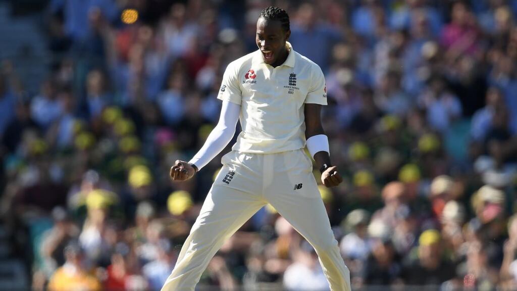 England bowler Jofra Archer celebrates the wicket of Marnus Labuschagne of Australia during day two of the fifth  Ashes Test  at The  Oval. Photograph: Alex Davidson/Getty Images