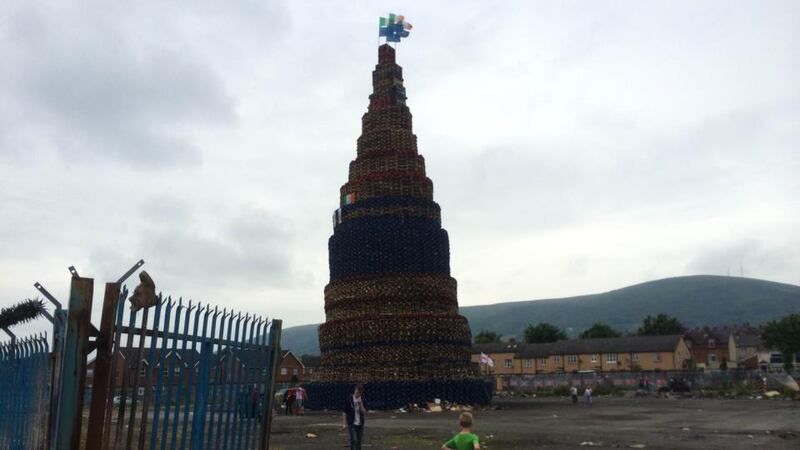 The nearly 80 foot tall bonfire pyre at Lanark Way near the Shankill Road in Belfast before it was set alight as part of the Eleventh Night celebrations. Photograph: Dan Griffin/The Irish Times