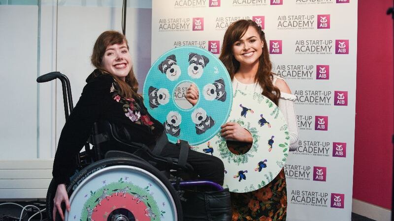 Isabel & Ailbhe Keane of Izzy Wheels at the AIB Start-up Academy pitch day in The Irish Times Building. Photograph: Conor Mulhern