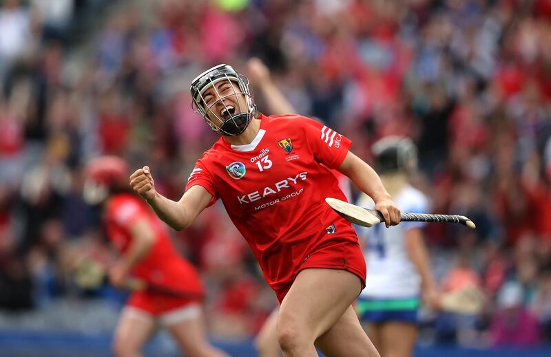 Cork's Amy O’Connor celebrates scoring her third goal during last year's All-Ireland senior camogie final against Waterford. Photograph: Bryan Keane/Inpho