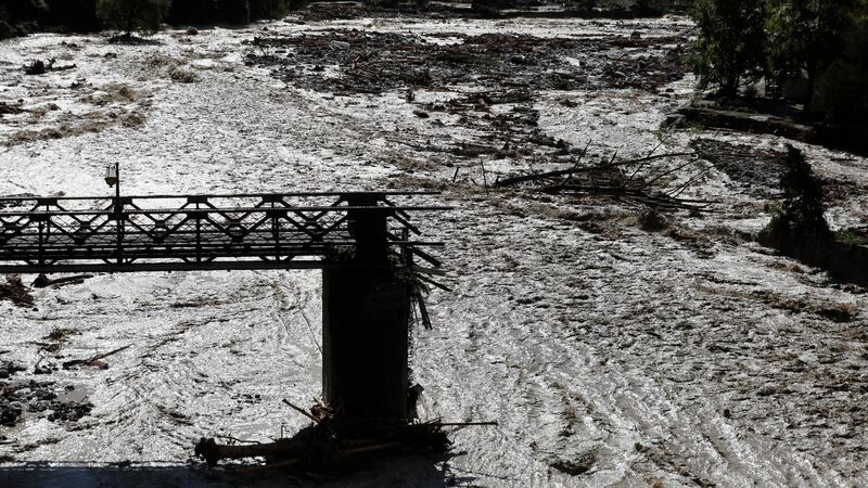 A collapsed bridge on the Vesubie river after heavy rain from Storm Alex, in Roquebilliere, France, on Saturday. Photograph: Sebastien Nogier/EPA