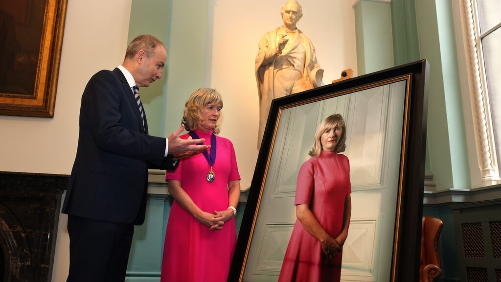 Taoiseach Micheál Martin and Prof Mary Horgan at the unveiling of a portrait of Prof Horgan, 142nd president (and first female president) of the Royal College of Physicians of Ireland, in Dublin on Monday. Photograph: Dara Mac Dónaill