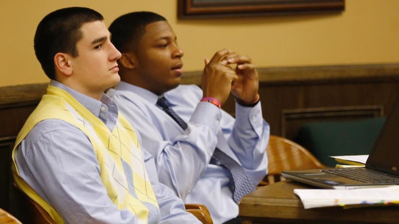 Convicted: Ohio footballers Trent Mays and Ma’lik Richmond, who were found guilty this week of raping a drunk classmate last summer. Photograph: Keith Srakocic/Reuters