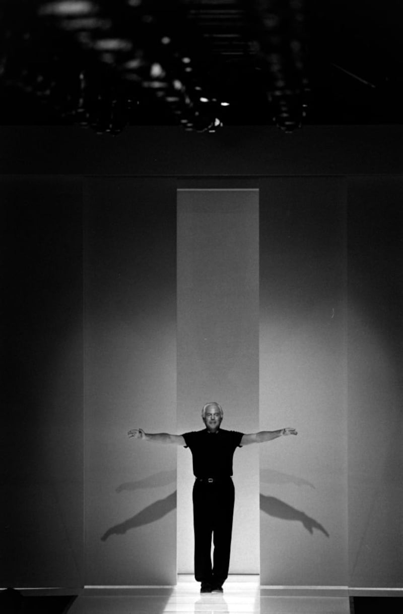Giorgio Armani onstage at a fashion show in California in 1994. Photograph: WWD via Getty Images