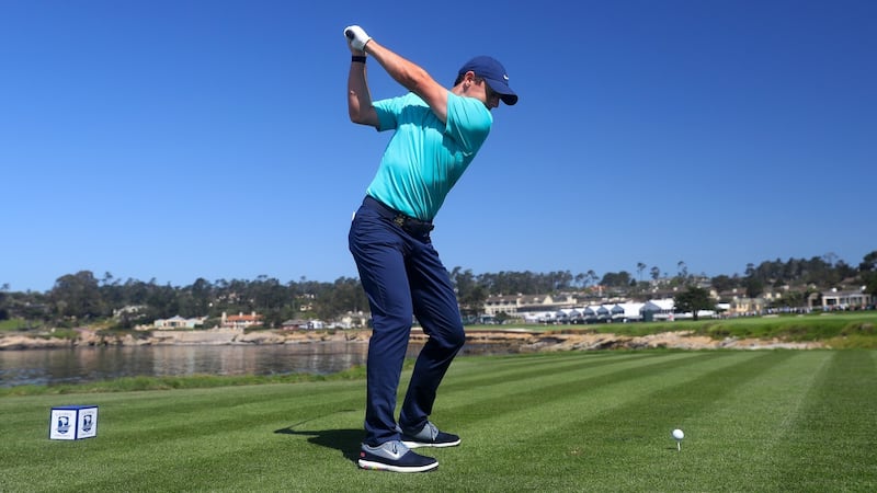 Rory McIlroy drives on the 18th at Pebble Beach during a  a practice round prior to the  US Open. Photograph: Warren Little/Getty Images