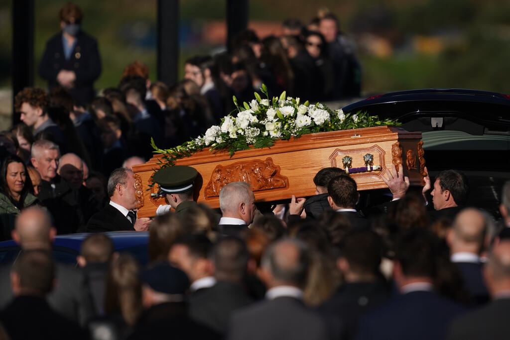 The coffin of Martina Martin (49) is carried into St Michael's Church in Creeslough, Co Donegal. Photograph: Brian Lawless/PA
