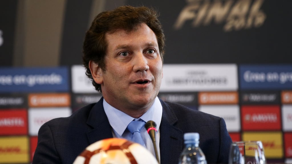 Conmebol president Alejandro Dominguez speaks during a press conference in Buenos Aires. Photograph: Agustin Marcarian/Getty Images