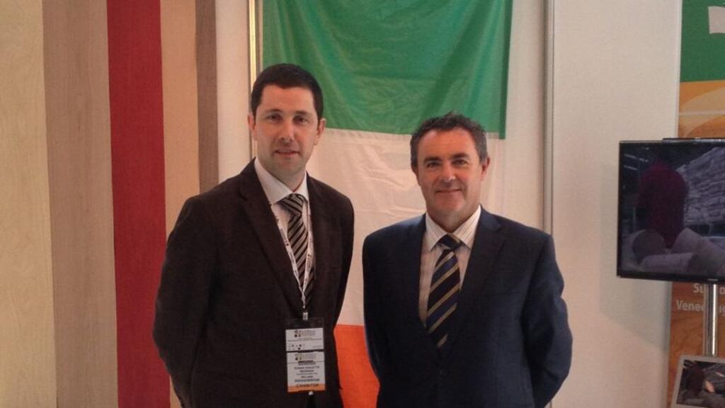 Ronan Haslette (left), MD of Merenda Wood Veneer, at the Dubai Woods 2014 show with Sean Davis, regional director Enterprie Ireland Middle East and North Africa
