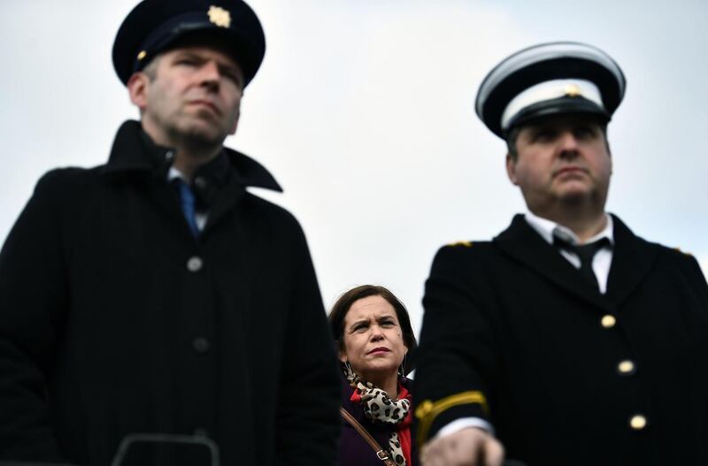 Sinn Féin leader Mary Lou McDonald watches on as the Border Communities Against Brexit group protest in Newry. Photograph: Charles McQuillan/Getty