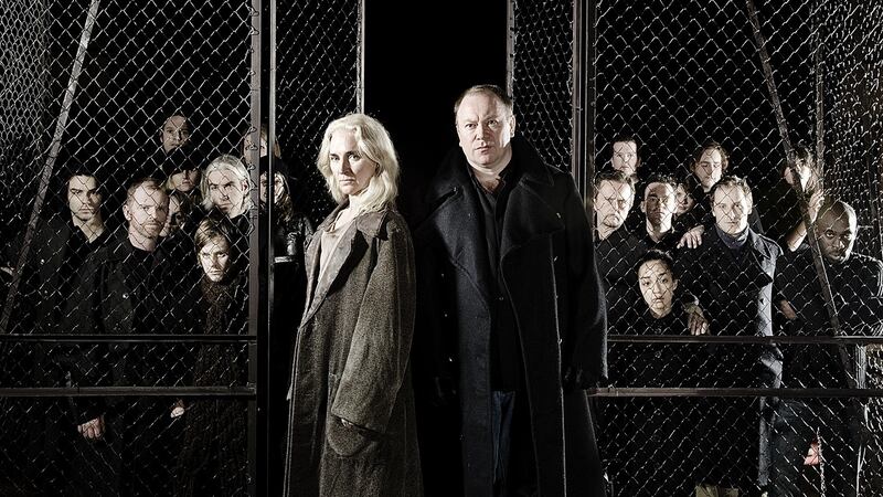 Owen Roe in a production of Titus Andronicus with  Olwen Fouere and the rest of the cast.