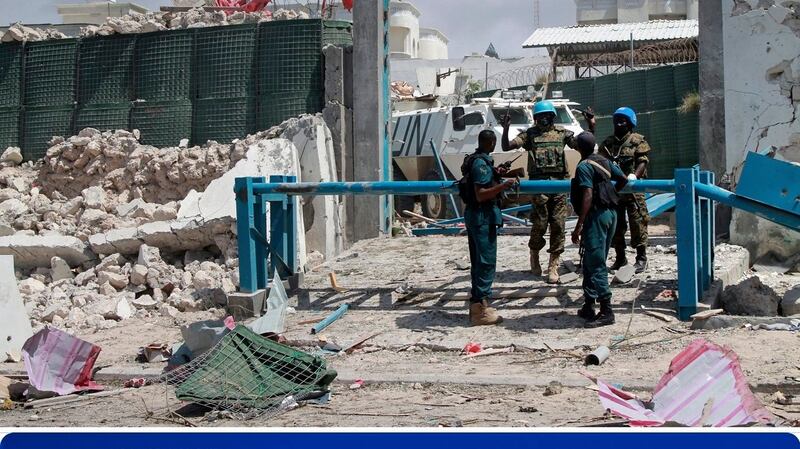 UN soldiers gather at the scene of a car bomb attack at the entrance of the base for the African Union forces in Mogadishu, Somalia. Photograph: EPA