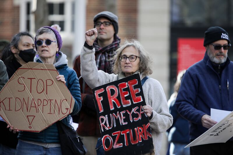 Protesters hold signs in support of Rumeysa Ozturk at Harvard Square in Cambridge, Massachusetts, USA. Photograph: Taylor Coester/Shutterstock/EPA-EFE