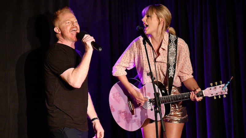 Jesse Tyler Ferguson and Taylor Swift perform at AEG and Stonewall Inns pride celebration commemorating the 50th anniversary of the Stonewall Uprising. Photograph: Bryan Bedder/Getty Images for AEG