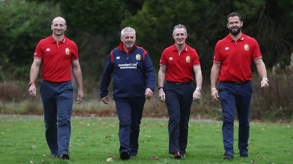 Steve Borthwick, forwards coach, Warren Gatland head coach, Rob Howley, backs coach and Andy Farrell the defence coach. Photograph: Getty Images