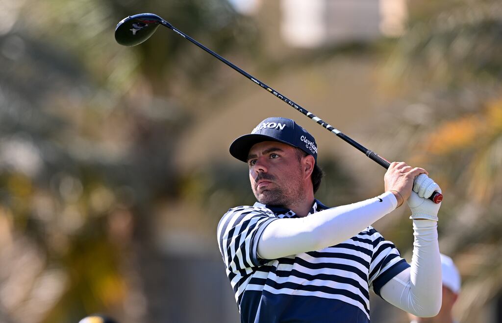 Alejandro del Rey drives on the par-5 third hole during the third round of the Ras Al Khaimah Championship at Al Hamra Golf Club. Photograph: Ross Kinnaird/Getty Images