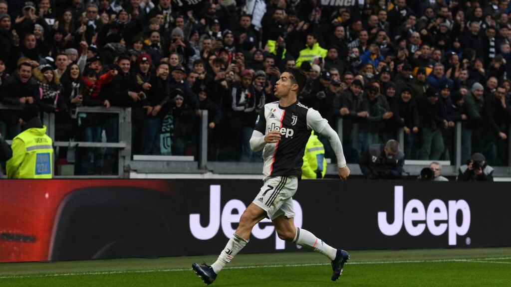 Cristiano Ronaldo celebrates scoring for Juventus. Photograph: Chris Ricco/Getty