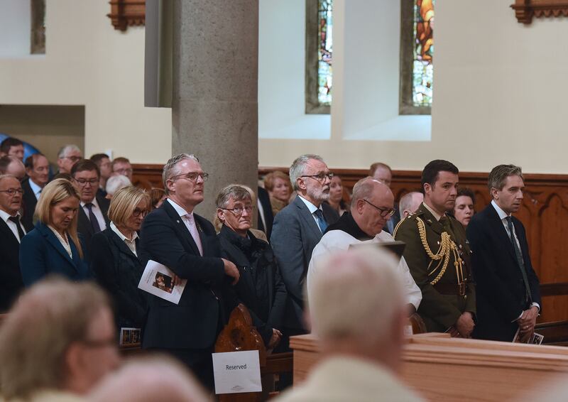 Taoiseach Simon Harris, Captain Paul O’Donnell Aide de Camp for President Michael D Higgins, GAA president Jarlath Burns, Minister of Justice Helen McEntee at the funeral mass of John O'Mahony on Friday in Ballaghaderreen. Photograph: Conor McKeown