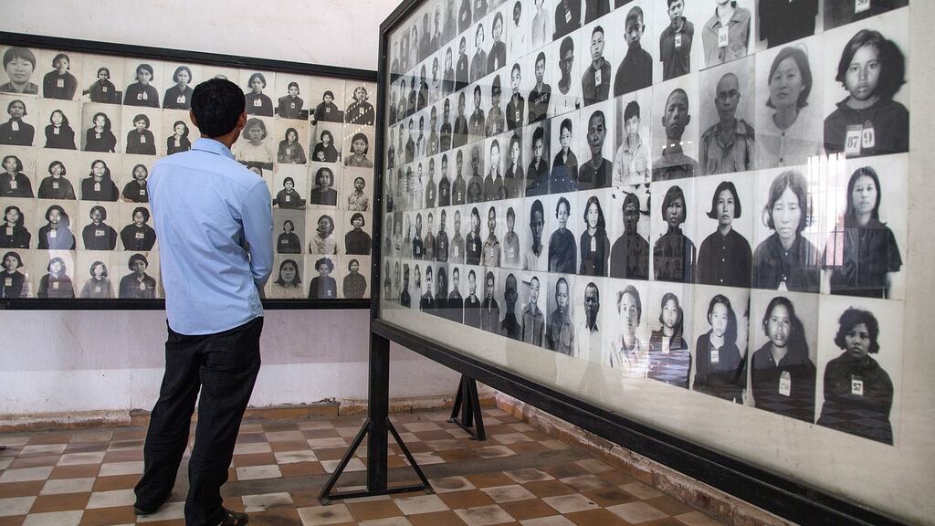 Black and white photographs of prisoners of the Khmer Rouge regime in the Tuol Sleng Genocide Museum, located where the S-21 prison once was. Photograph: Omar Havana/Getty