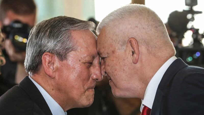 Head coach Warren Gatland does a hongi on arrival in Auckland. Photograph: Inpho