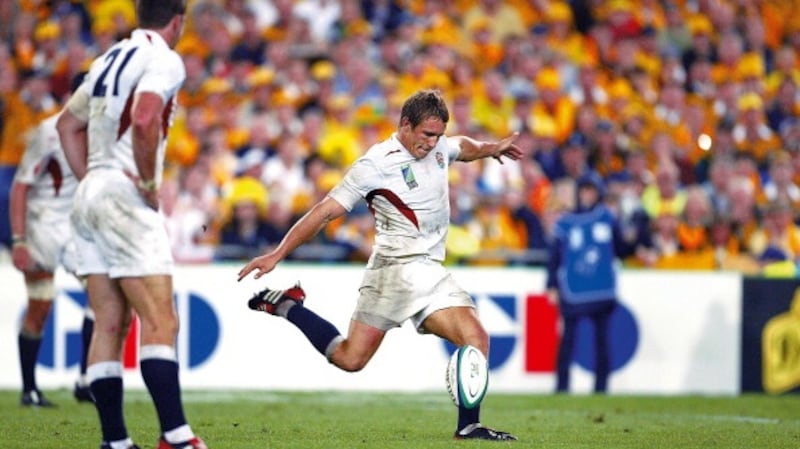 Jonny Wilkinson of England kicks the winning drop-goal against Australia in the 2003 Rugby World Cup final. Photograph: Getty Images