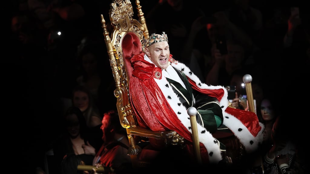 Tyson Fury  arrives to the ring before the WBC World Heavyweight Championship title fight against  Deontay Wilder  at the Garden Arena in Las Vegas. Photograph: Etienne Laurent /EPA