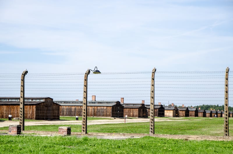 Barracks of the Birkenau concentration camp behind electric barbed wire fence in Poland. Photograph: Marc Dufresne/Getty Images