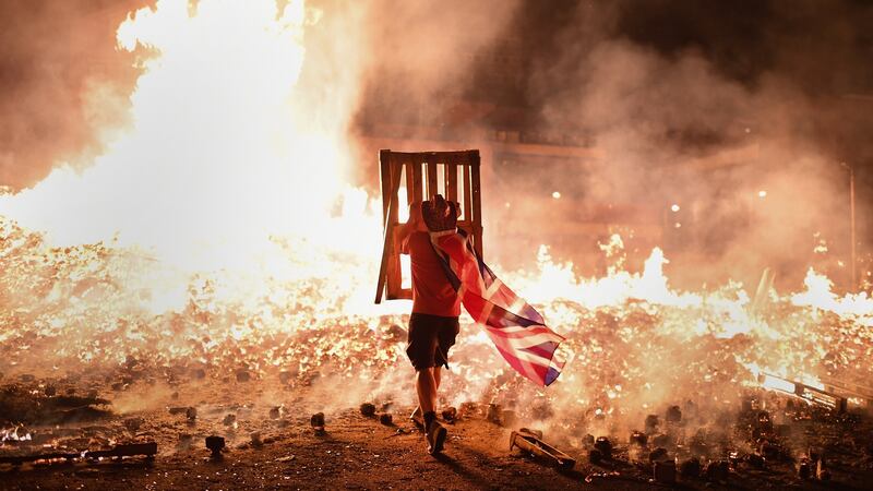 A Loyalist bonfire In the Sandy Row area of Belfast. Photograph: Jeff J Mitchell/Getty Images