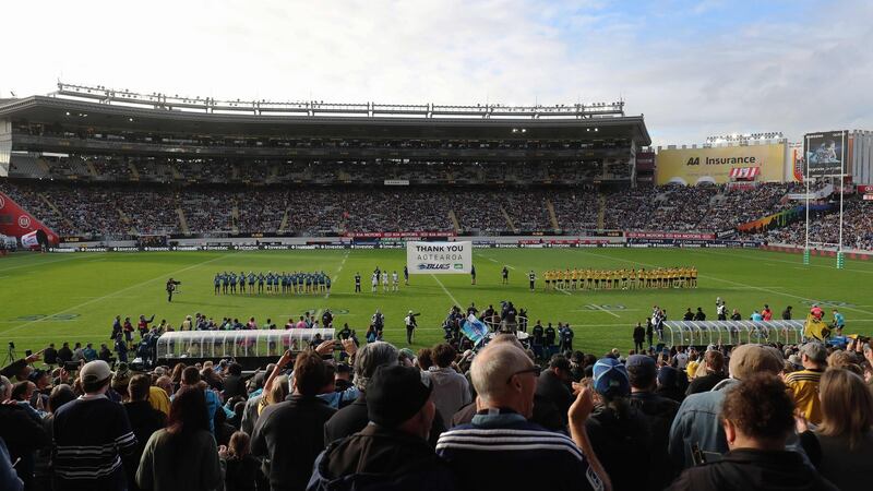 A sold out Eden Park stadium in Auckland as people are allowed to attend live sport again following the loosening of restrictions after the Covid-19 outbreak. Photograph: Getty Images