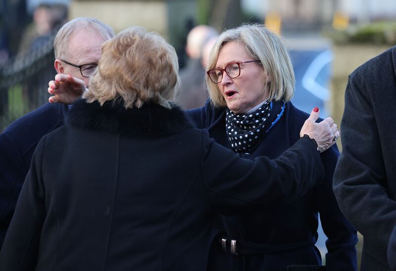 Mairead McGuinness, European Commissioner, and Fionnuala Kenny, at the State Funeral of former taoiseach, John Bruton at St. Peter and Paul’s Church. Photograph: Dara Mac Dónaill/The Irish Times