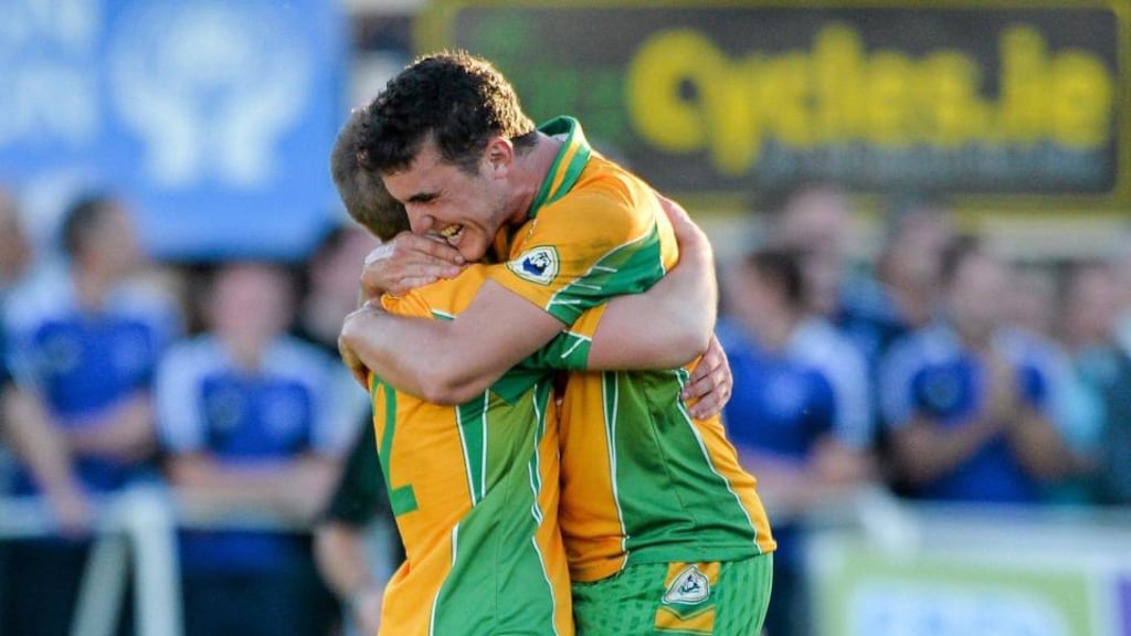 Corofin’s Barry Donovan, left, and team-mate Daithi Burke celebrate victory after the final whistle is blown during the 2013 FBD Sevens final at Kilmacud Crokes. Photograph: Barry Cregg / Sportsfile