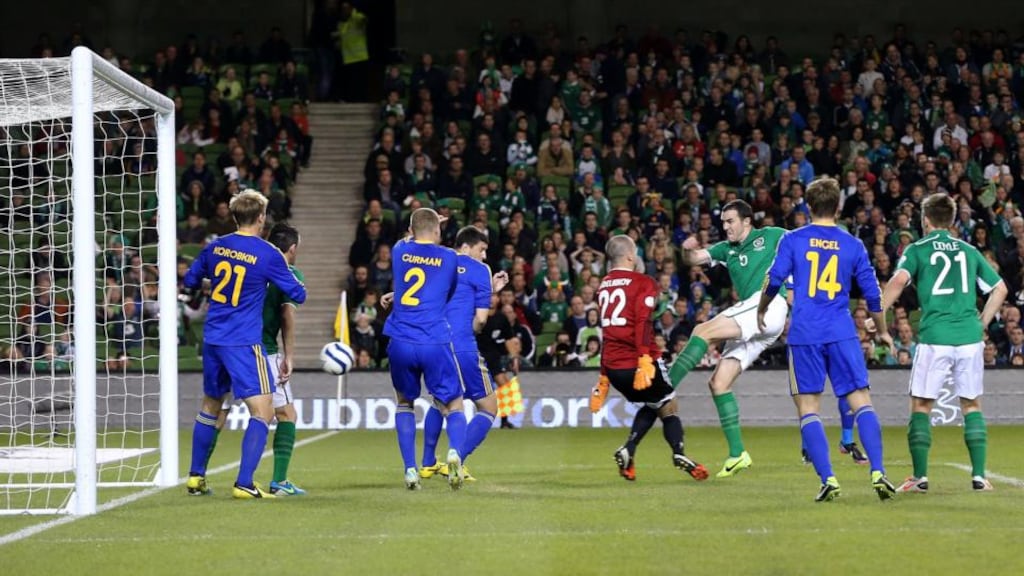 John O’Shea scores a rare goal for the Republic of Ireland in the 3-1 victory over Kazakhstan at the Aviva Stadium last night. Photograph: Cathal Noonan/Inpho.