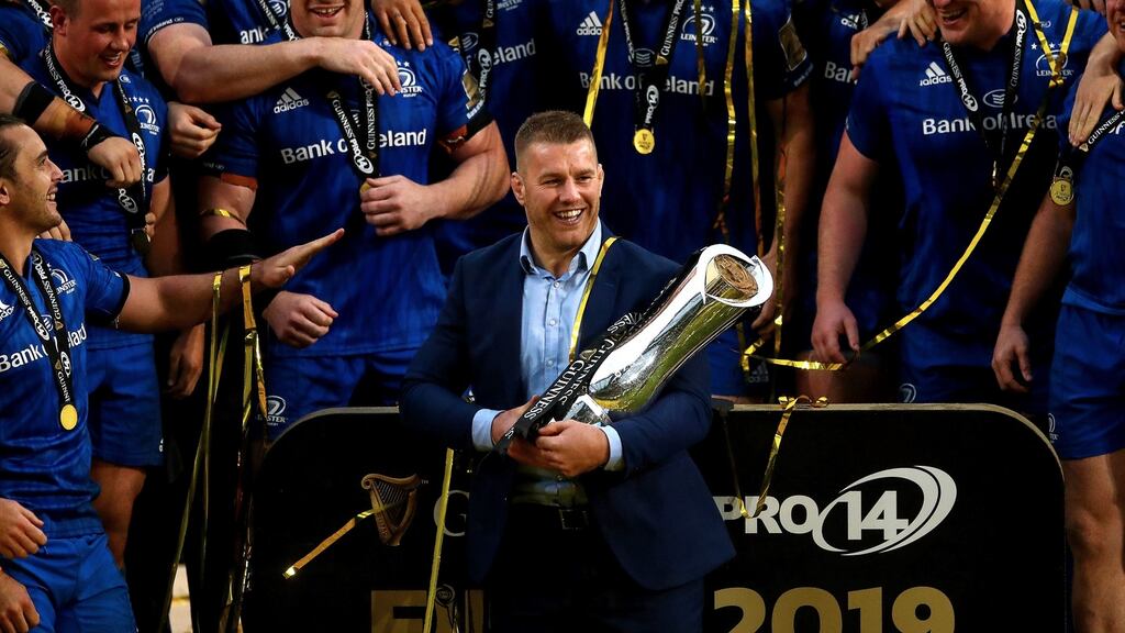 Leinster’s Sean O’Brien with the Guinness Pro14 trophy after the final victory over Glasgow Warriors at Celtic Park, Glasgow. Photograph: James Crombie/Inpho