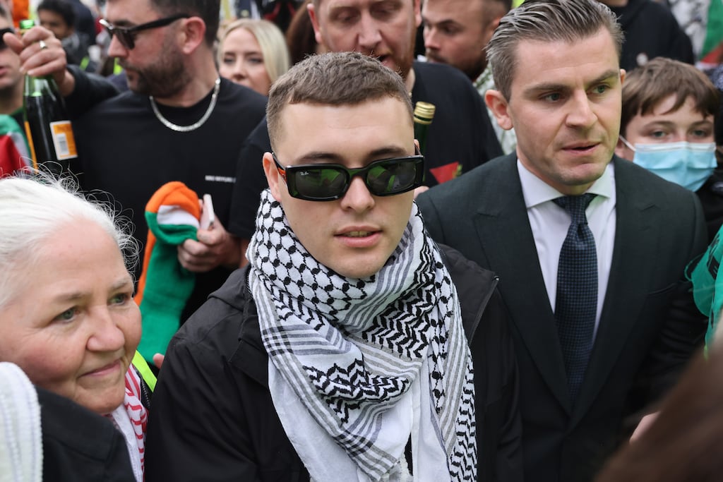 Liam Óg Ó hAnnaidh, aka Mo Chara, of Kneecap, leaving Woolwich Crown Court on September 26th in London. Photograph: Neil P Mockford/Getty Images